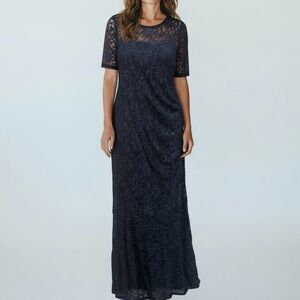 Xscape Navy Blue Lace Formal Gown | Short Sleeve Sparkle Maxi Dress | Size 16W
